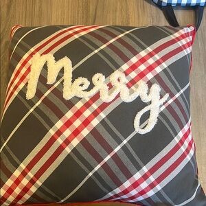 Plaid 'Merry' Holiday Pillow - Gray and Red
